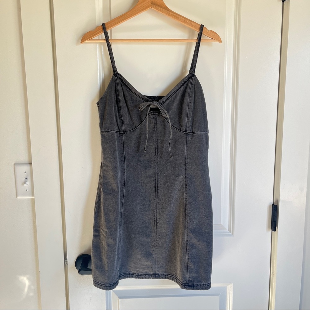 Hollister Washed Grey Mini Dress 90s Grunge Y2K Front Tie Denim